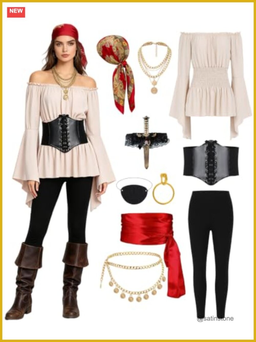 Pirate Costume Set 10 Piece Corset Shirt Pants Halloween Cosplay